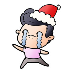gradient cartoon of a man crying wearing santa hat