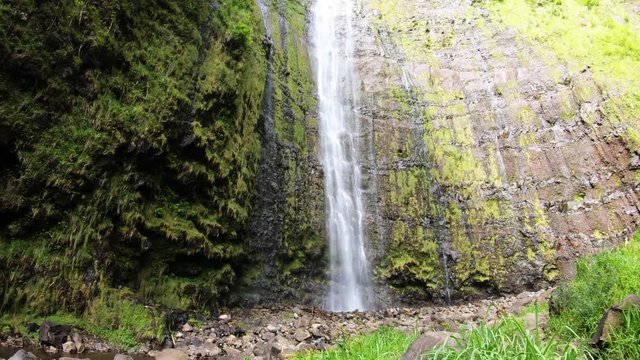 Tilt down, view of Waimoku Falls in Hawaii
