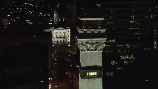 Top of monument in Indianapolis, Indiana at night, aerial
