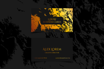 Fototapeta premium Luxury business card with marble texture and gold detail vector template, banner or invitation with golden foil on black background. Branding and identity graphic design