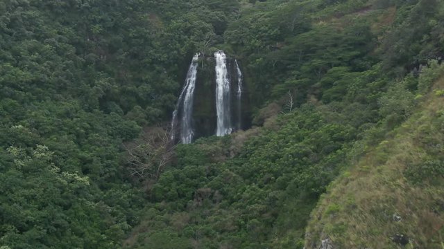 Opakeaa Falls in Hawaiian forest, aerial