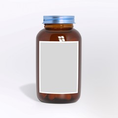 Blank glass medical bottle with tablets pills and label