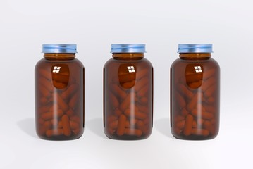 Blank glass medical bottles with tablets pills