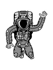 Obraz na płótnie Canvas winkender astronaut weltall kosmonaut raumfahrer raumschiff rakete science fiction weltraumfahrer forscher fliegen schweben schwerelos raumanzug zukunft clipart comic cartoon design