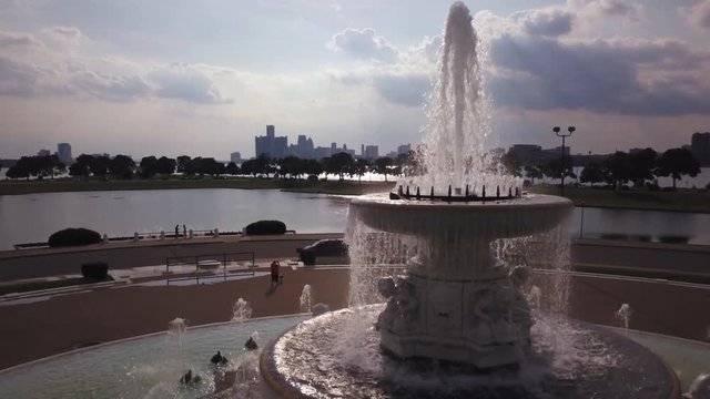 Aerial, top of memorial fountain in Detroit, Michigan