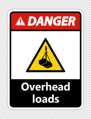 Danger overhead loads Sign on transparent background