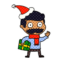 comic book style illustration of a man with mustache and christmas present wearing santa hat