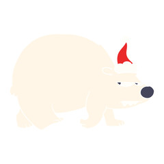 flat color illustration of a angry polar bear wearing santa hat