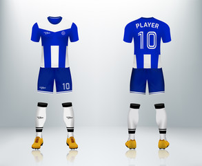 3D realistic mock up of front and back of blue and white soccer jersey t-shirt with pants and socks. Concept for football team uniform or apparel mockup template in design vector illustration
