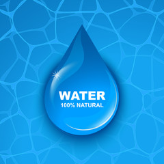 Drop of water on a blue background. Logo. Realistic vector image.