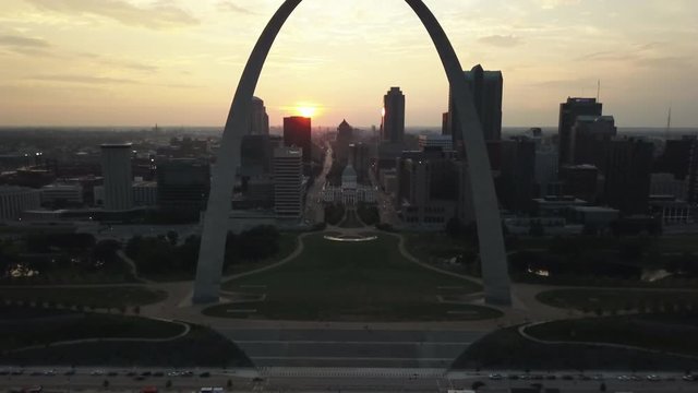 The Gateway Arch in St Louis, Missouri at sunset, aerial