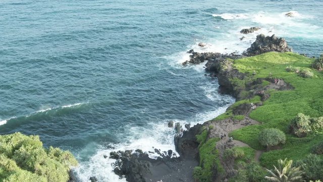 Aerial, rocky shoreline in Hana, Hawaii