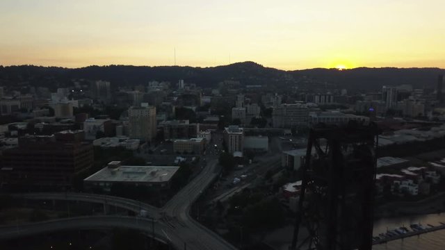 Portland, Oregon at sunrise, aerial view