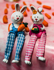 Two bunnies with carrots on a pink background