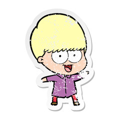 distressed sticker of a happy cartoon boy