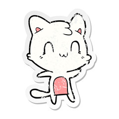 distressed sticker of a cartoon happy cat