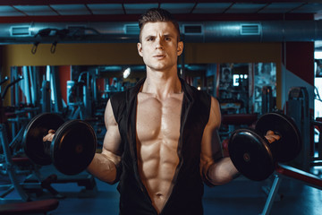 Muscular model sports young man exercising in gym with dumbbell. Portrait of sporty healthy strong muscle. Fitness trainer. Sport workout bodybuilding motivation concept. Sexy torso.