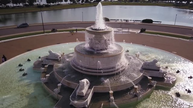 Aerial, memorial fountain in Belle Isle Park in Detroit, Michigan
