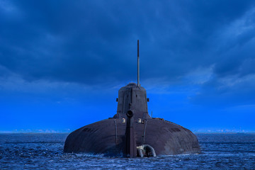 Military submarine on the water. Warship. Nuclear submarine. Navy. Weapon The defense of the state....