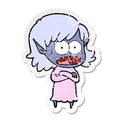 distressed sticker of a cartoon shocked elf girl
