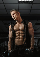 Fototapeta na wymiar Muscular model sports young man exercising in gym with dumbbell. Portrait of sporty healthy strong muscle. Fitness trainer. Sport workout bodybuilding motivation concept. Sexy torso.