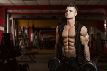 Muscular model sports young man exercising in gym with dumbbell. Portrait of sporty healthy strong muscle. Fitness trainer. Sport workout bodybuilding motivation concept. Sexy torso.