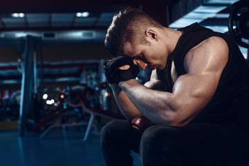 Muscular model young man exercising in gym. Portrait of sporty strong muscle. Fitness trainer....