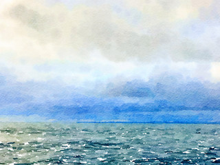 Digital watercolor painting of a beautiful blue sea with a horizon and a cloudy sky. With space for text. 