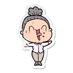 distressed sticker of a cartoon happy old woman