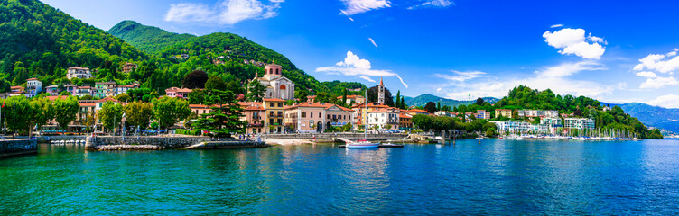 Picturesque lake Lago Maggiore. beautiful Laveno Mombello town. north of Italy