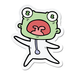 sticker of a cartoon weird alien running away