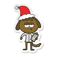sticker cartoon of a bored dog in office clothes wearing santa hat