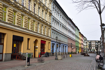 Renovated, colorful building facades in the center of Szczecin.