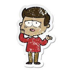 distressed sticker of a cartoon tired man