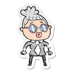 distressed sticker of a cartoon office woman wearing spectacles