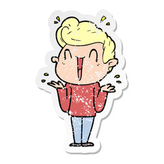 distressed sticker of a cartoon excited man