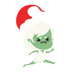 annoyed flat color illustration of a vampire girl wearing santa hat