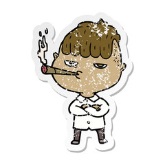 distressed sticker of a cartoon man smoking