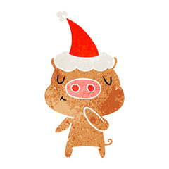 retro cartoon of a content pig wearing santa hat