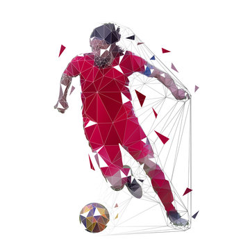 Soccer player in red jersey running with ball, front view. Geometric low poly vector illustration