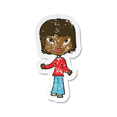 retro distressed sticker of a cartoon woman with open arms