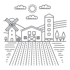 Agriculture farm with fields thin line concept logo template vector illustration.