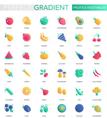 Vector set of trendy flat gradient Fruits and vegetables icons.