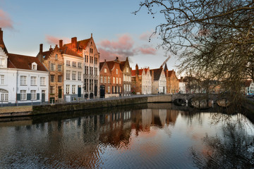 Fototapeta na wymiar Panoramic view of the historic city center of Brugge in beautiful golden morning light at sunrise, province of West Flanders, Belgium