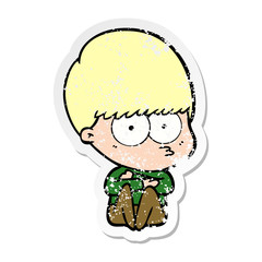 distressed sticker of a nervous cartoon boy