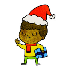 textured cartoon of a grumpy boy wearing santa hat