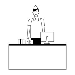 Supermarket cashier in the cash in black and white