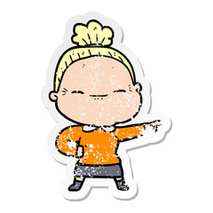 distressed sticker of a cartoon peaceful old woman