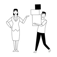 businesswoman and man holding boxes in black and white