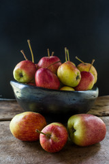 still life of apples in black clay bowl